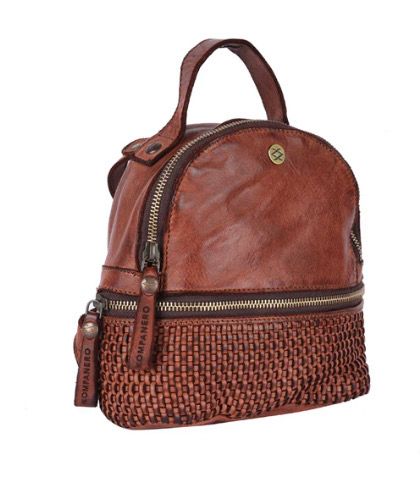 Small Cognac Waffle Weave Leather Backpack