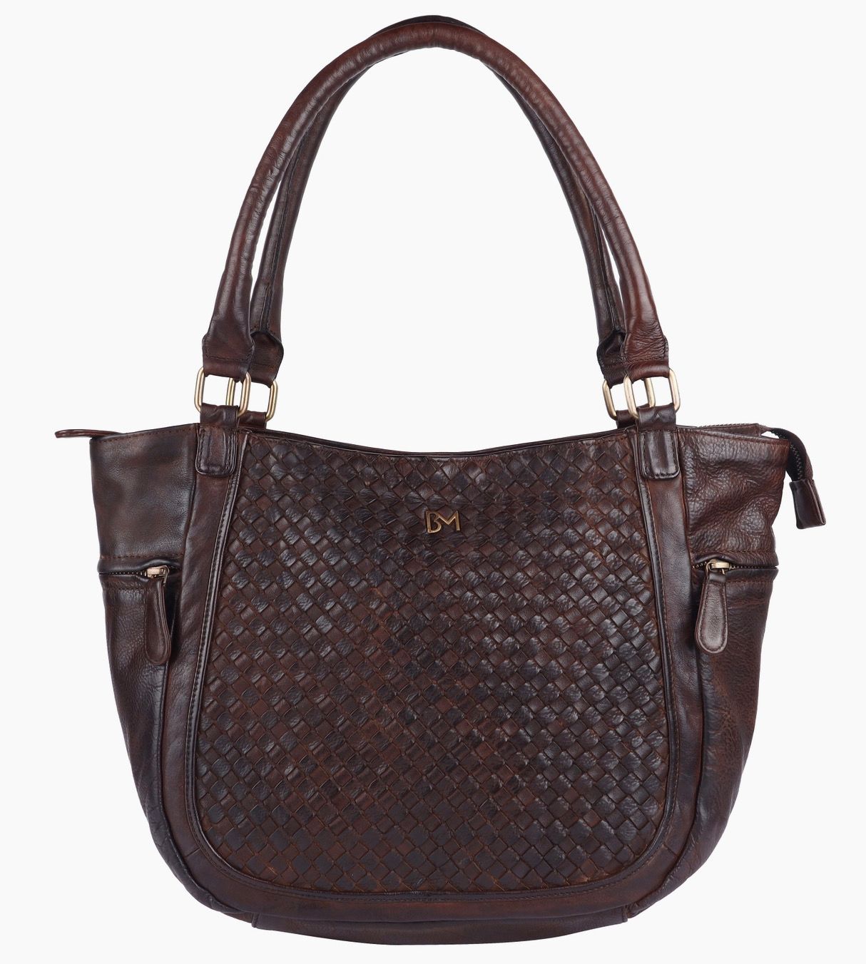 Dark Brown Waffle Weave Leather Shoulder Bag