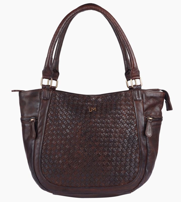 Dark Brown Waffle Weave Leather Shoulder Bag