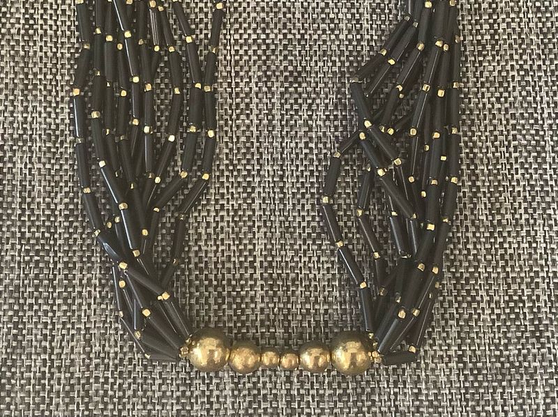 Brass &amp; Black Bead Twist Necklace