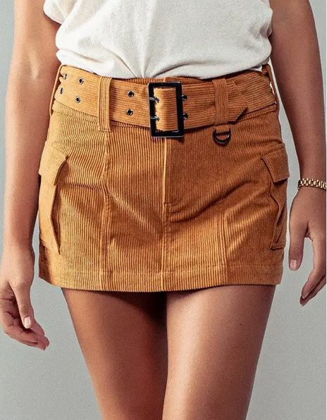 Camel Corduroy Belted Mini Skirt