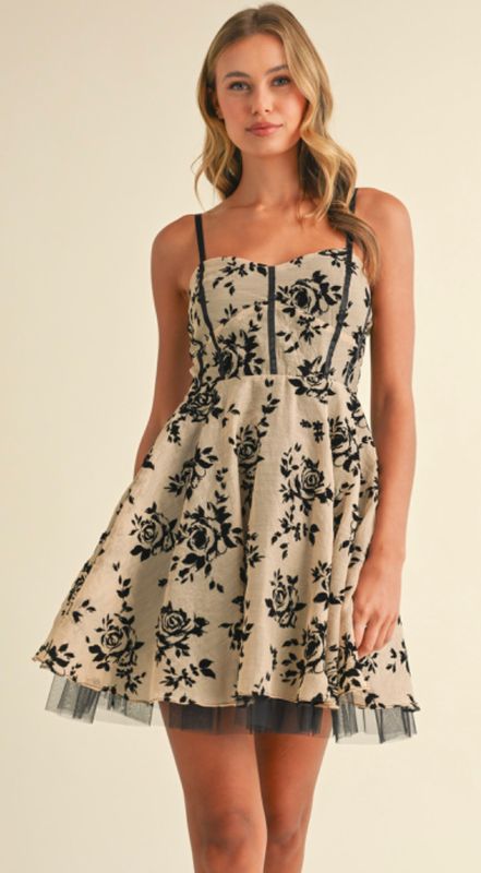 Cream &amp; Black Floral Organza Mini Dress
