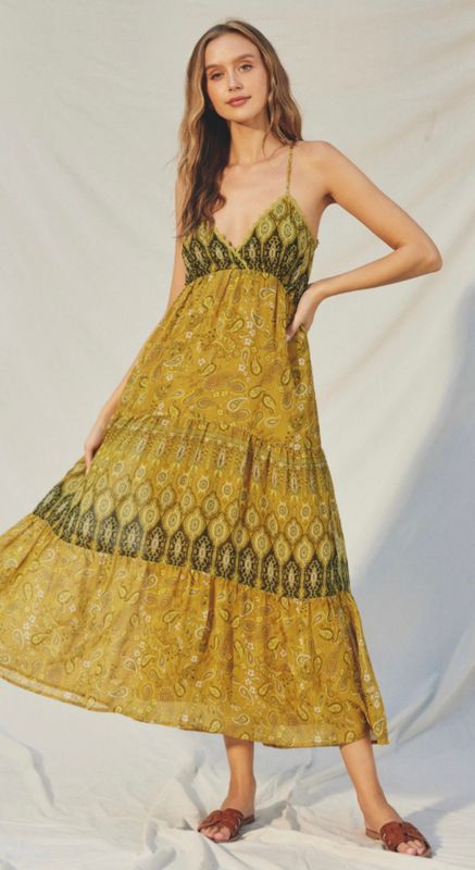 Chartreuse Paisley Tiered Maxi Dress