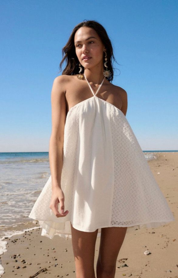 Off White Floral Lace Halter Mini Dress