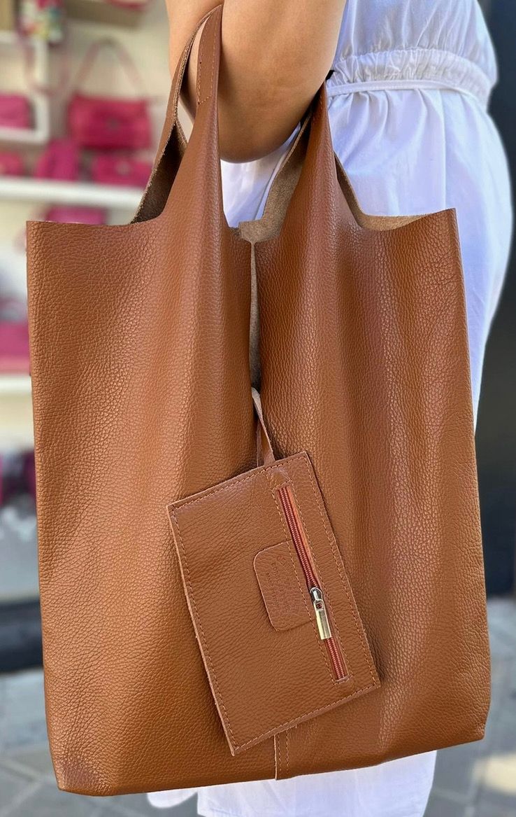 Split University Leather Shopper Bag (2 Colors), Color: Camel