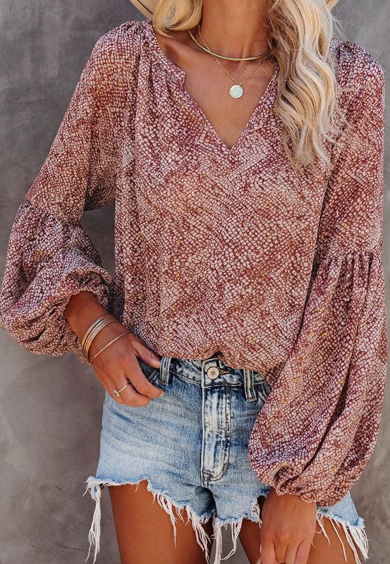 Red/White Abstract Pleated Lantern Sleeve Top