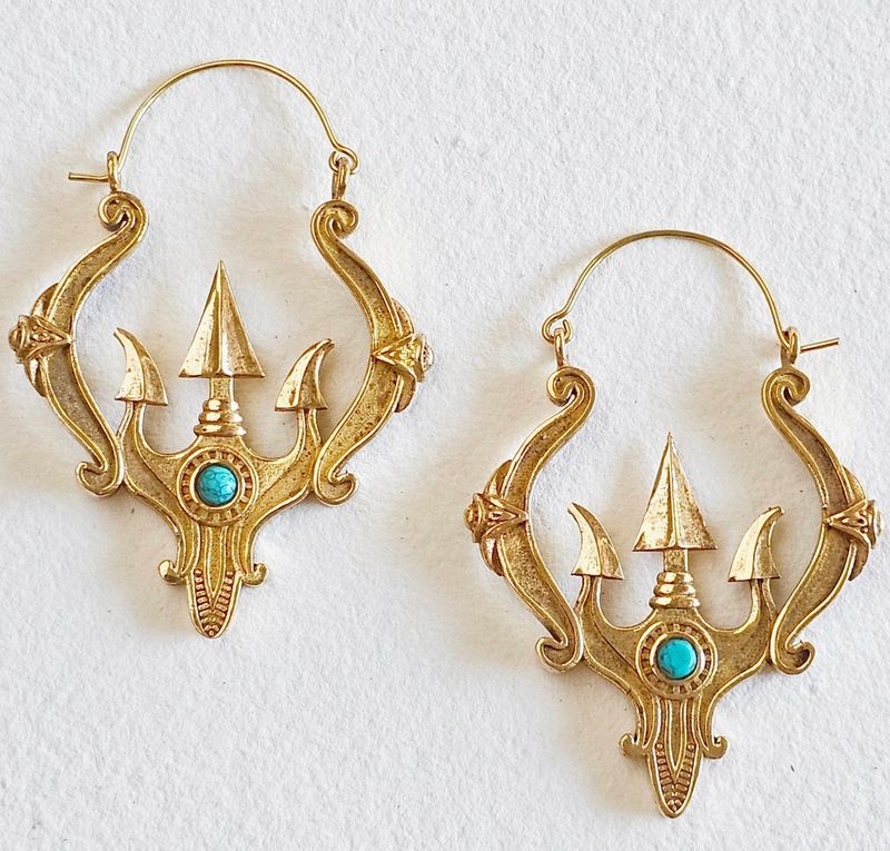 Brass Turquoise Trident Hoop Earrngs