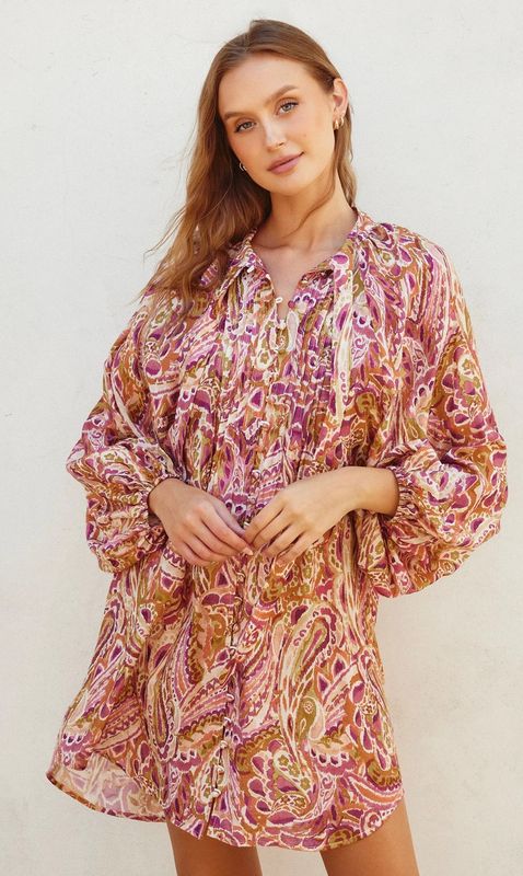 Berry Paisley Shirt Dress