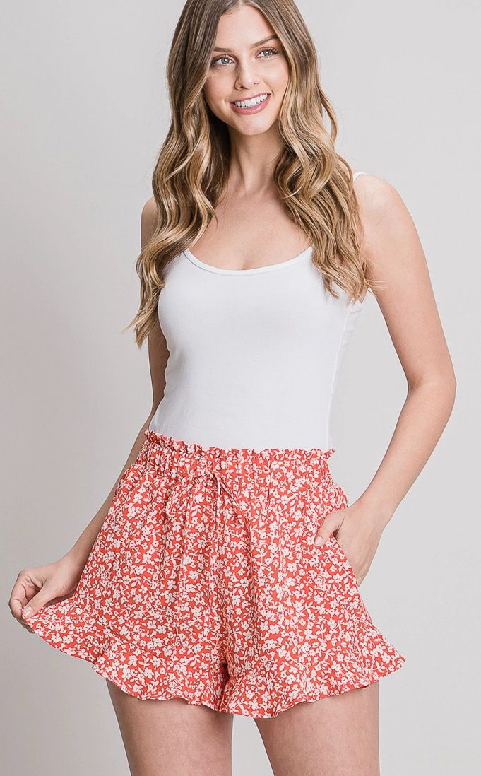 Chili Red/White Floral Ruffle Hem Shorts