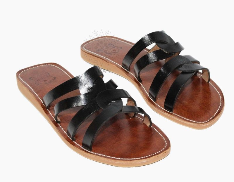 Black Strappy Leather Flat Slide Sandals