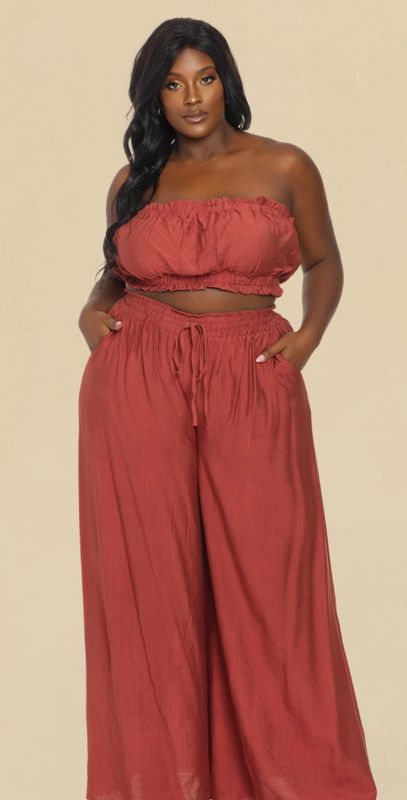 Plus Size Rust Shirred Tube Top/Palazzo Pant Set
