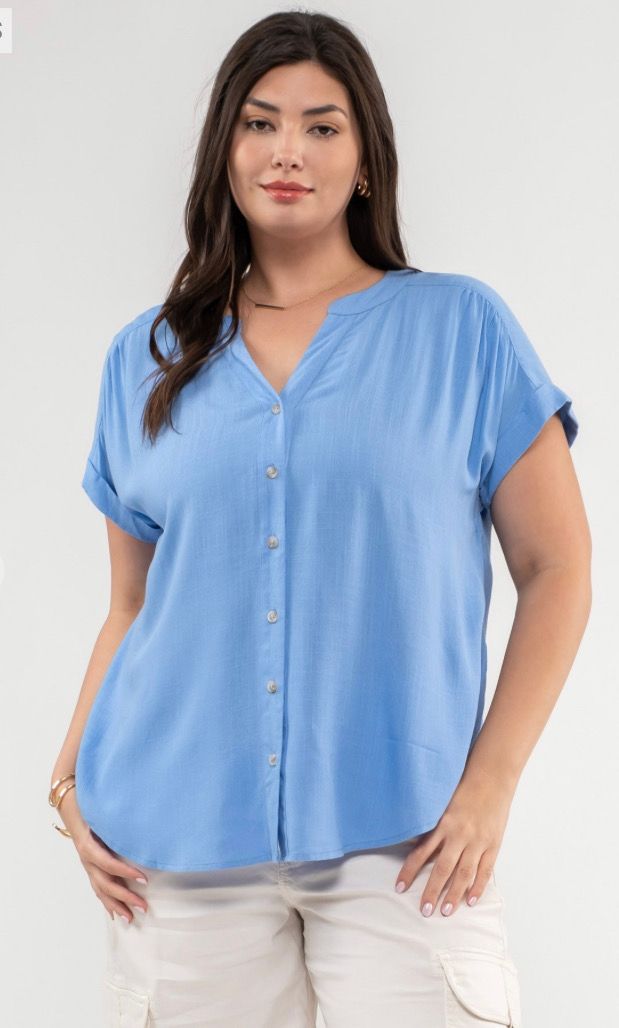 (Plus) Cornflower Blue Roll Sleeve Button Down Top