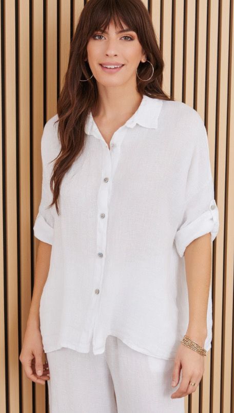 White Linen Button Down Hi/Lo Top