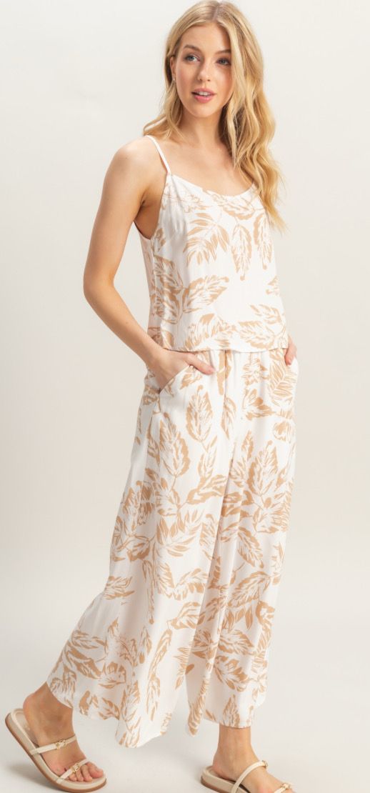 White/Taupe Leaf Print Cami &amp; Pant Set