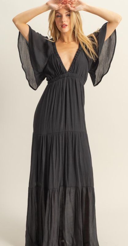 Black Flowy Sleeve Tiered Maxi Dress