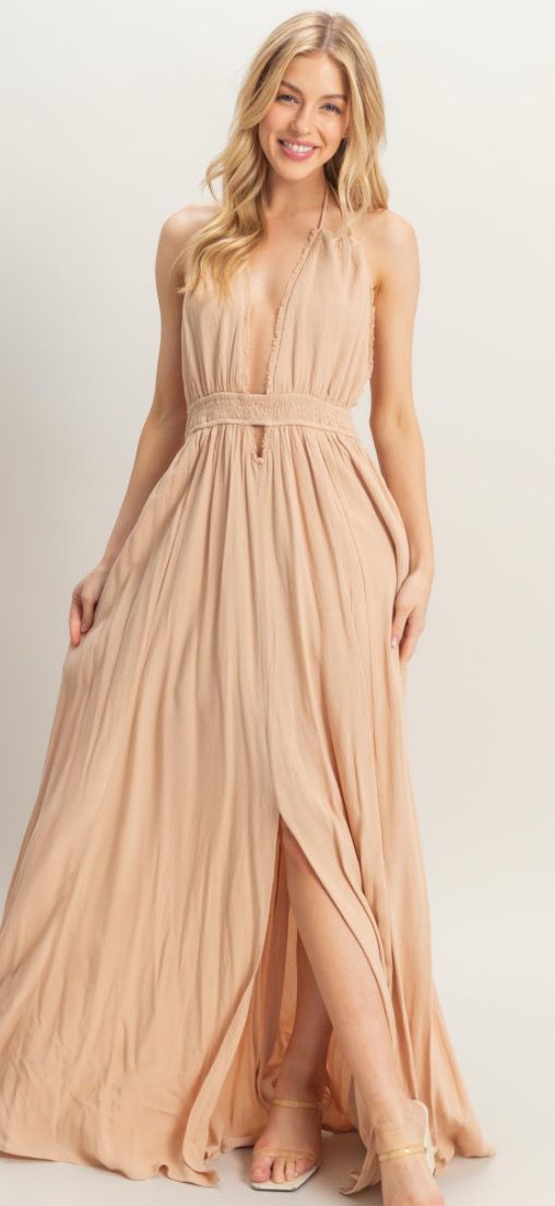 Camel Fitted Waist Halter Flowy Maxi Dress