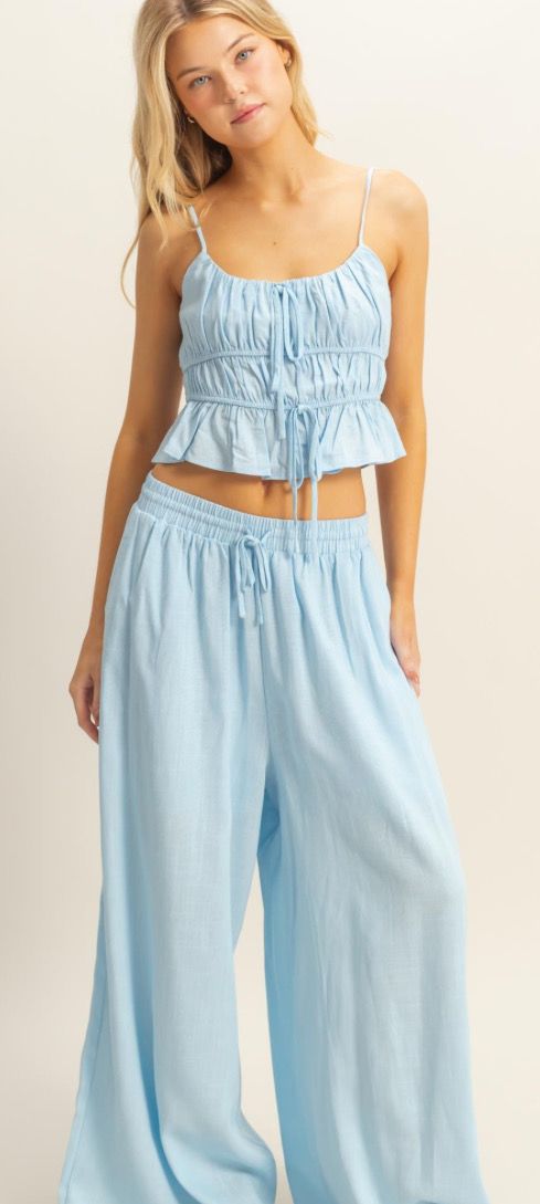 Light Blue Linen Blend Gathered Cami/Pant Set