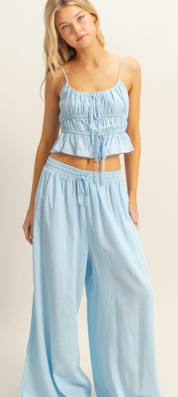 Light Blue Linen Blend Gathered Cami/Pant Set