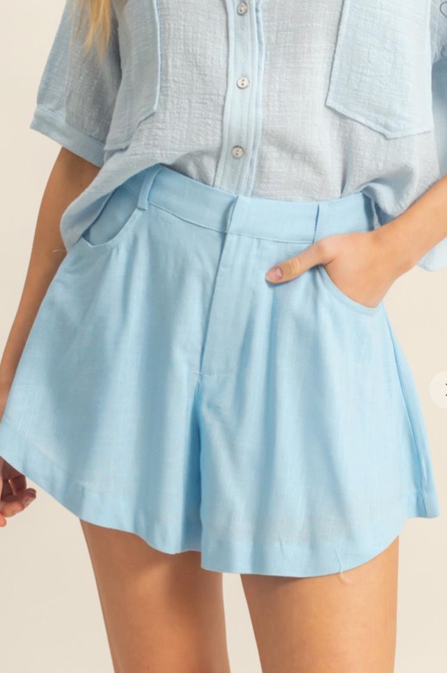 Sky Blue Linen Blend Flare Shorts