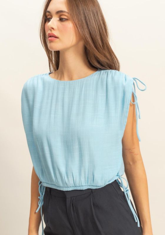 Ice Blue Bubble Hem Tie Sleeve Detail Top