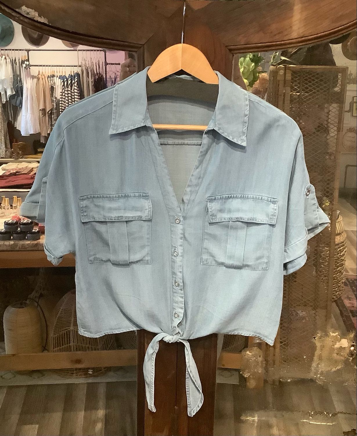 Chambray Button Up Tie Waist Top