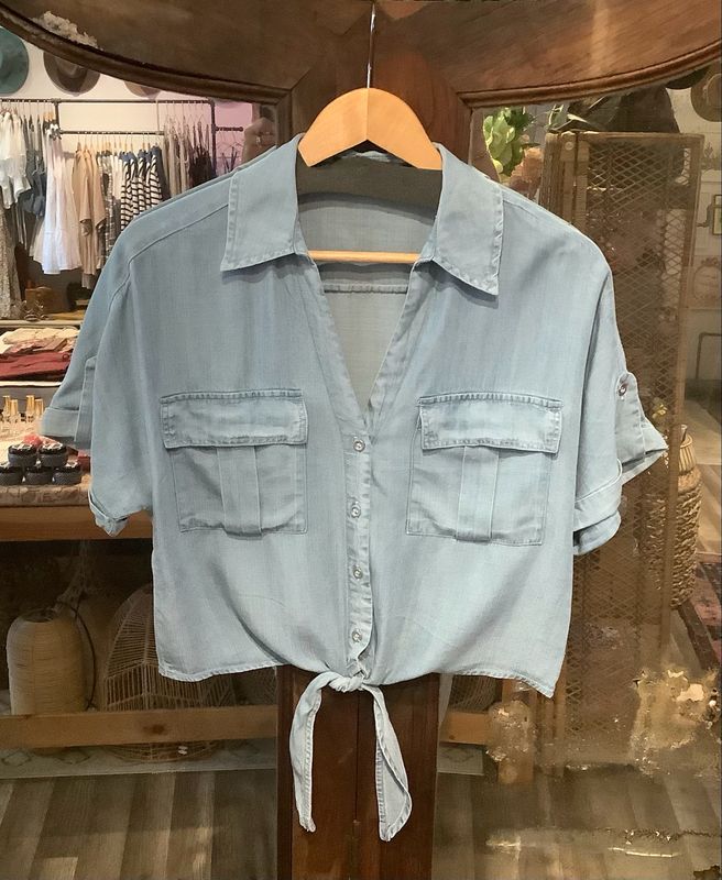 Chambray Button Up Tie Waist Top