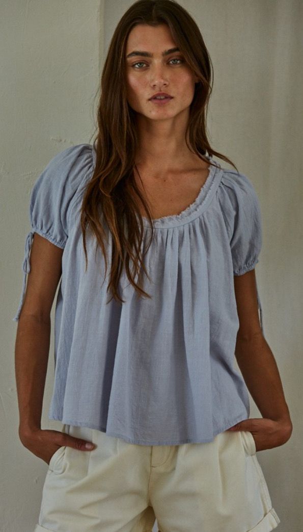 Textured Tie Sleeve Top (2 Colors), Color/Size: Dusty Blue (S)