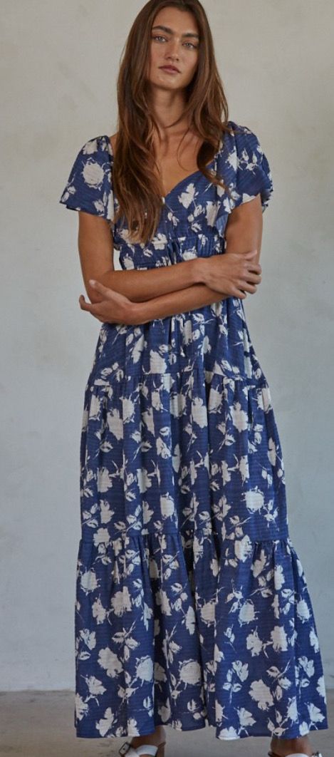 Blue/White Floral Tiered Maxi Dress