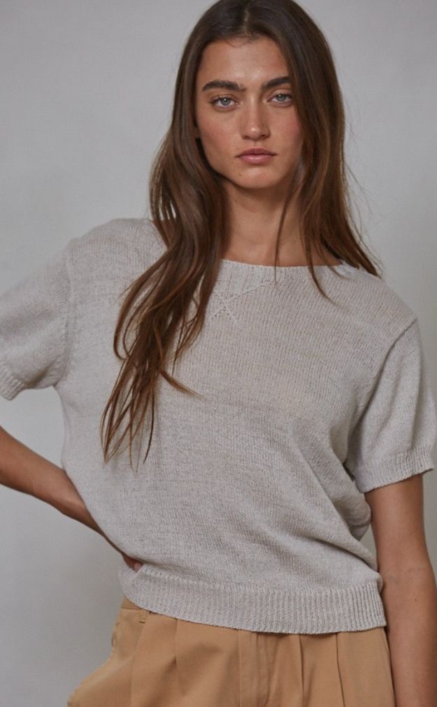 Light Grey Short Sleeve Sweater Top, Color/Size: Lt. Grey (S)