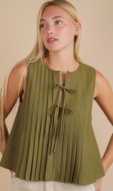 Olive Pleated Front Tie Top