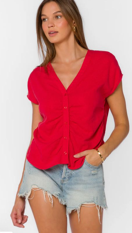 Red Button Down Ruched Side Top