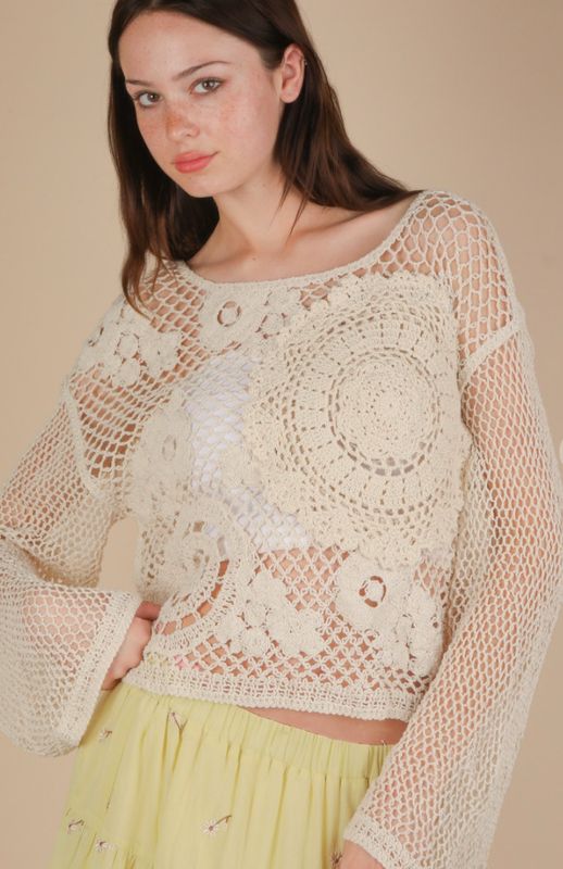 Natural Long Sleeve Crochet Knit Sweater