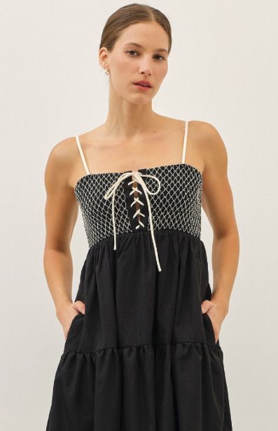 Black/Cream Smocked Tiered Midi Dress