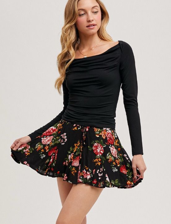 Black Floral Mini Skort
