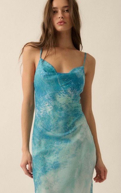 Turquoise Tie Dye Satin Maxi Dress