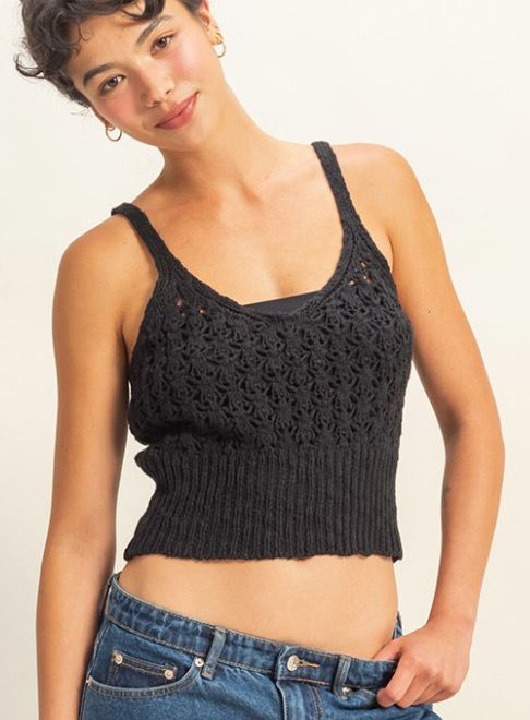 Black Crochet Crop Tank Top