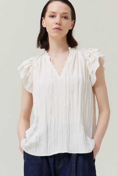 White Crinkled Ruffle Sleeve Top