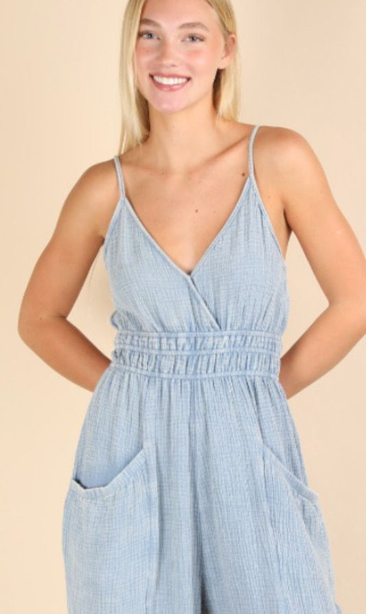 Washed Denim Blue Gauze Jumpsuit