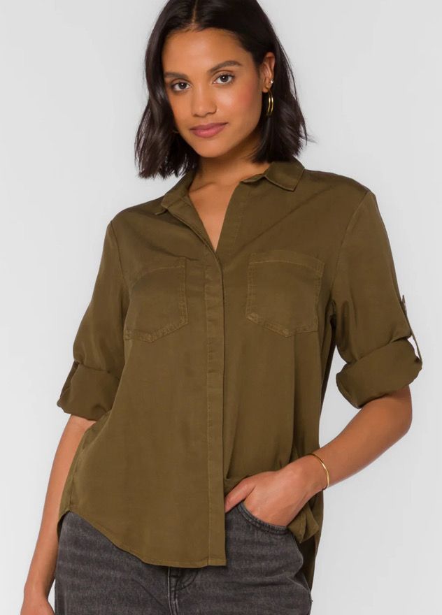 Roll Tab Sleeve Button Up Top (2 Colors)