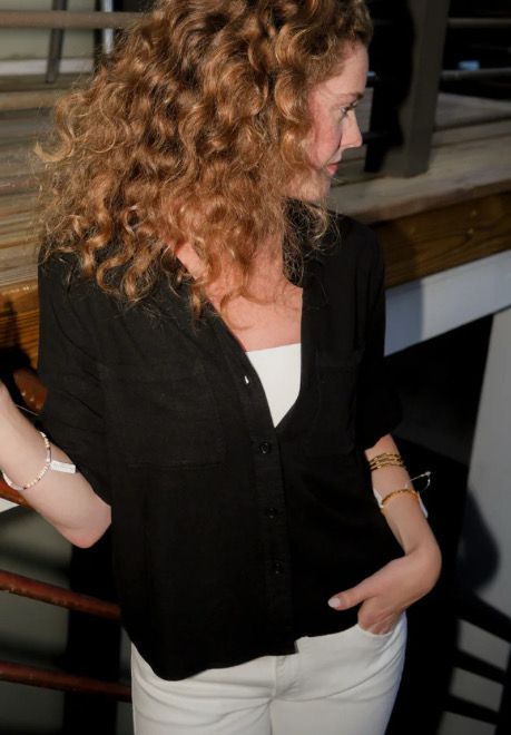 Black Roll Tab Sleeve Button Up Top