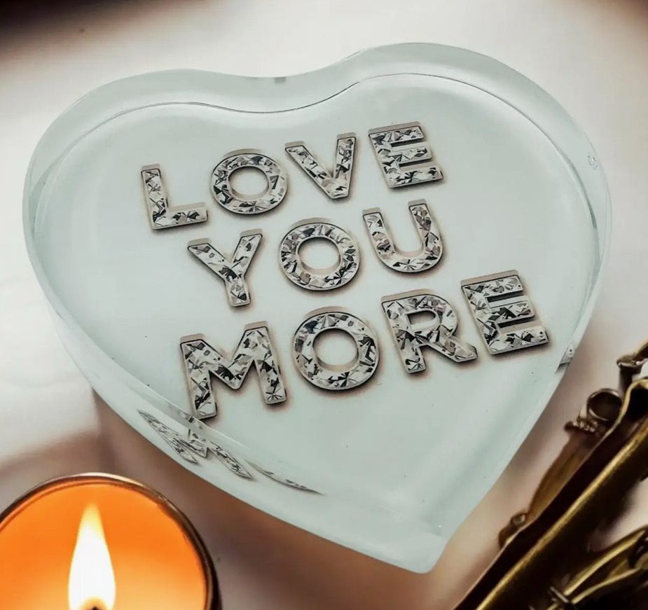 Love You More Crystal Heart Paperweight Block