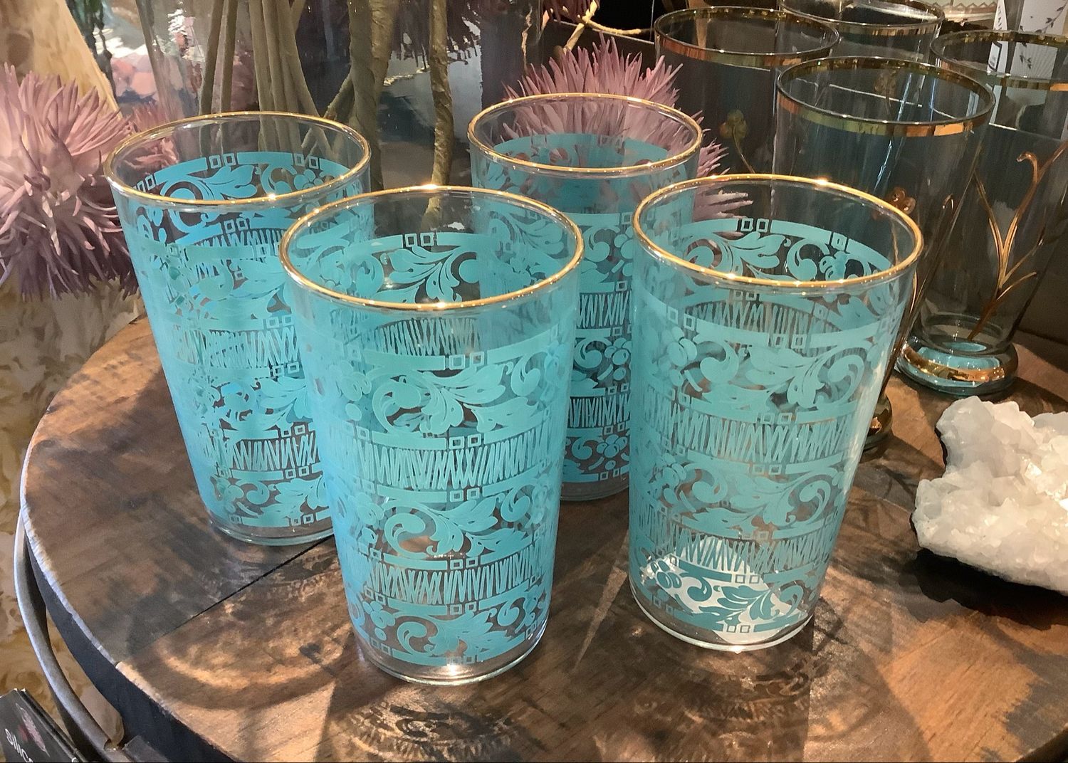 Vintage Aqua Gold Rim Chantilly Glasses (S/4)