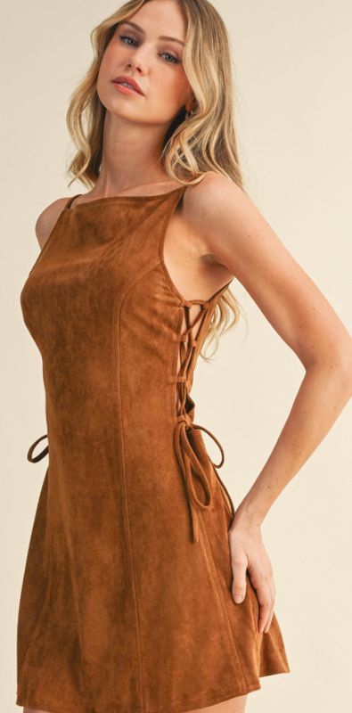 Camel Suede Lace Up Mini Dress