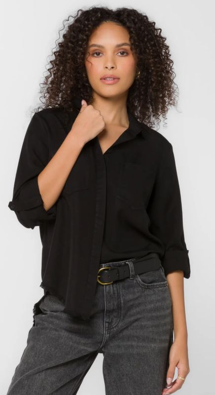 Black Frayed Hem Button Up Top