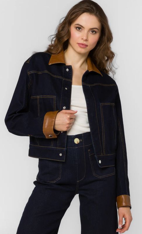 Faux Leather Trim Indigo Denim Jacket