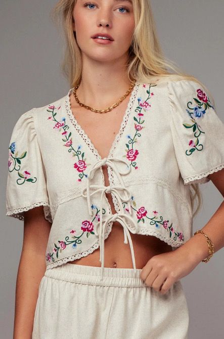 Natural Embroidered Tie Front Crop Top