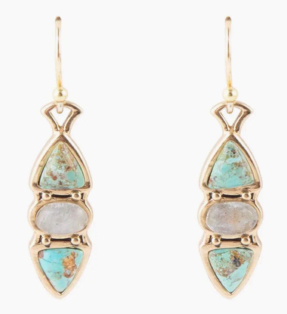 Blue Turquoise &amp; Grey Labradorite Golden Drop Earrings