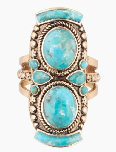 Double Blue Turquoise Golden Shield Ring
