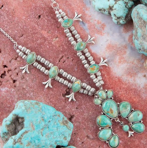 Blue Turquoise Squash Blossom Statement Necklace