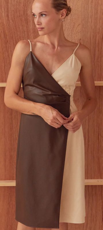 Brown/Bone Mixed Leather/Suede Wrap Midi Dress